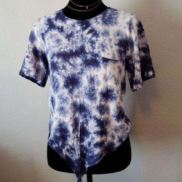 Navy Blue and White Tie-Dye Blouse with Waist Tie - Picture 2 of 7